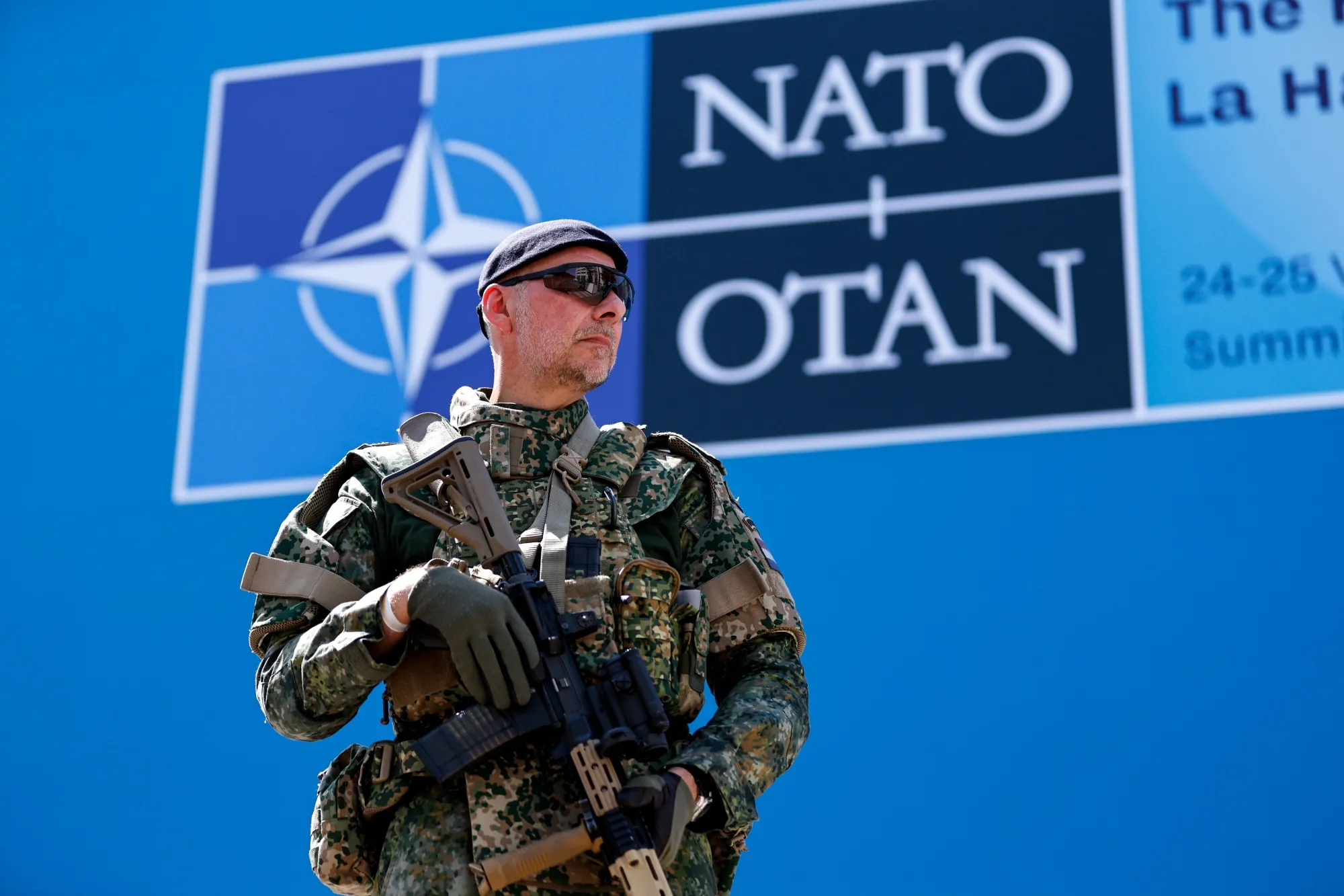A soldier on patrol ahead of the NATO summit in The Hague this week.