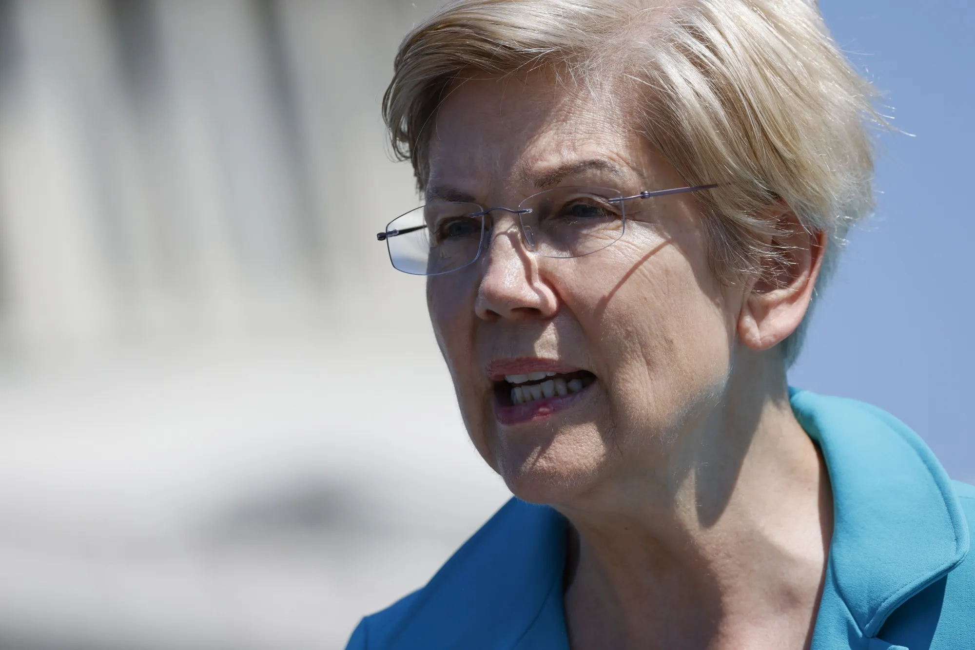Senator Elizabeth Warren, a Democrat from Massachusetts, speaks during a news conference outside the US Capitol in Washington.