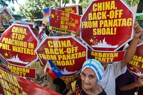 Protestors stage a rally demanding China pull out of the contested Scarborough Shoal in the South China Sea outside the Chinese Embassy in Makati City in April 2012.