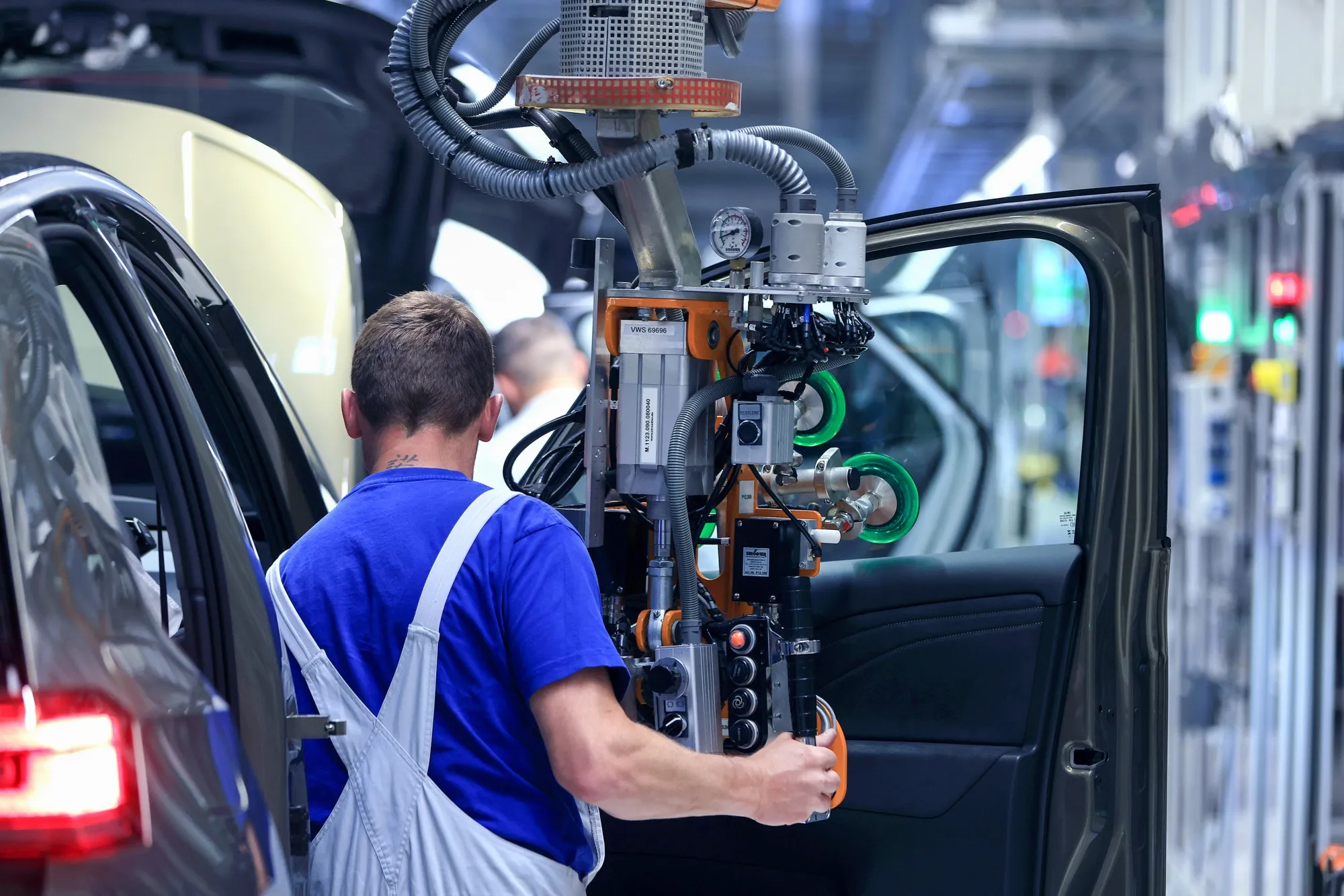 An employee on an assembly line in Zwickau, Germany.