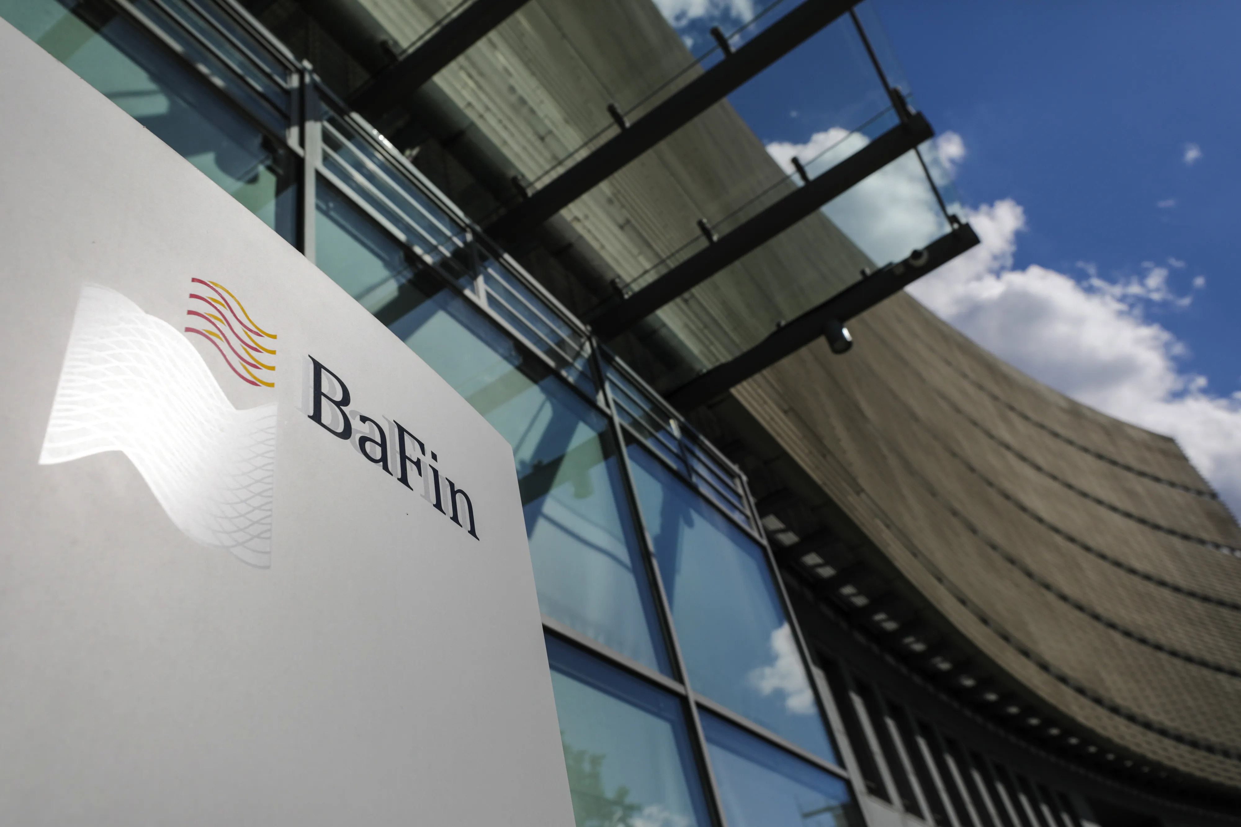 The BaFin logo sits on a sign outside the German financial regulator's headquarters in Frankfurt.