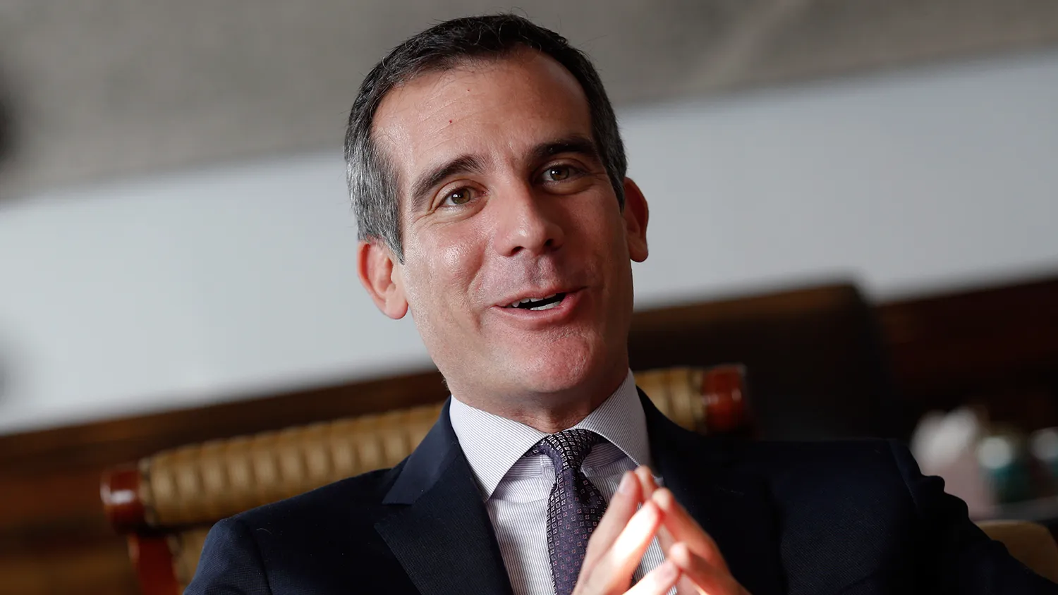 Eric Garcetti, mayor of Los Angeles, speaks during an interview in his office at City Hall in Los Angeles, California, U.S., on Tuesday, Jan. 13, 2015.
