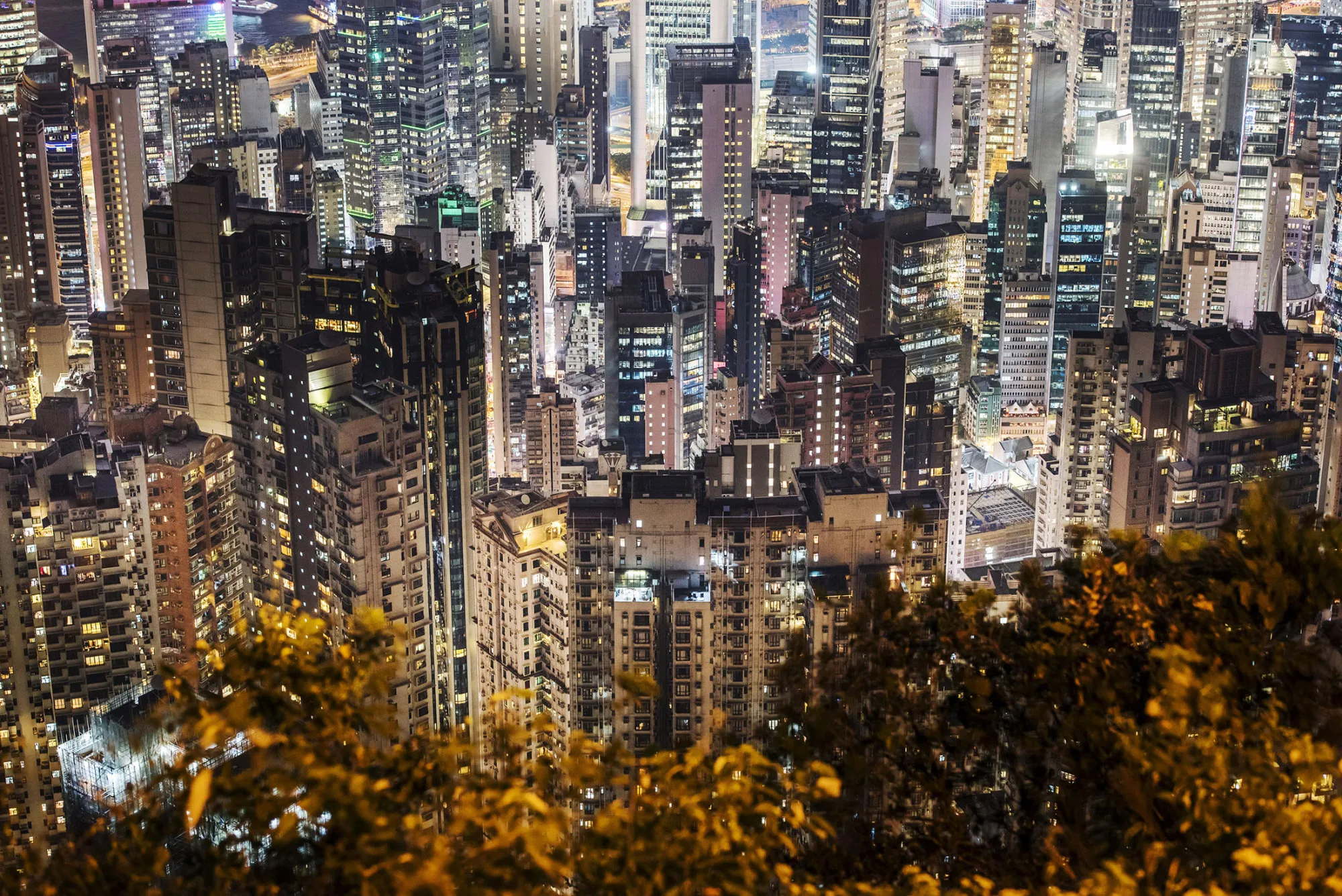Residential and commercial buildings stand illuminated at night in Hong Kong.
