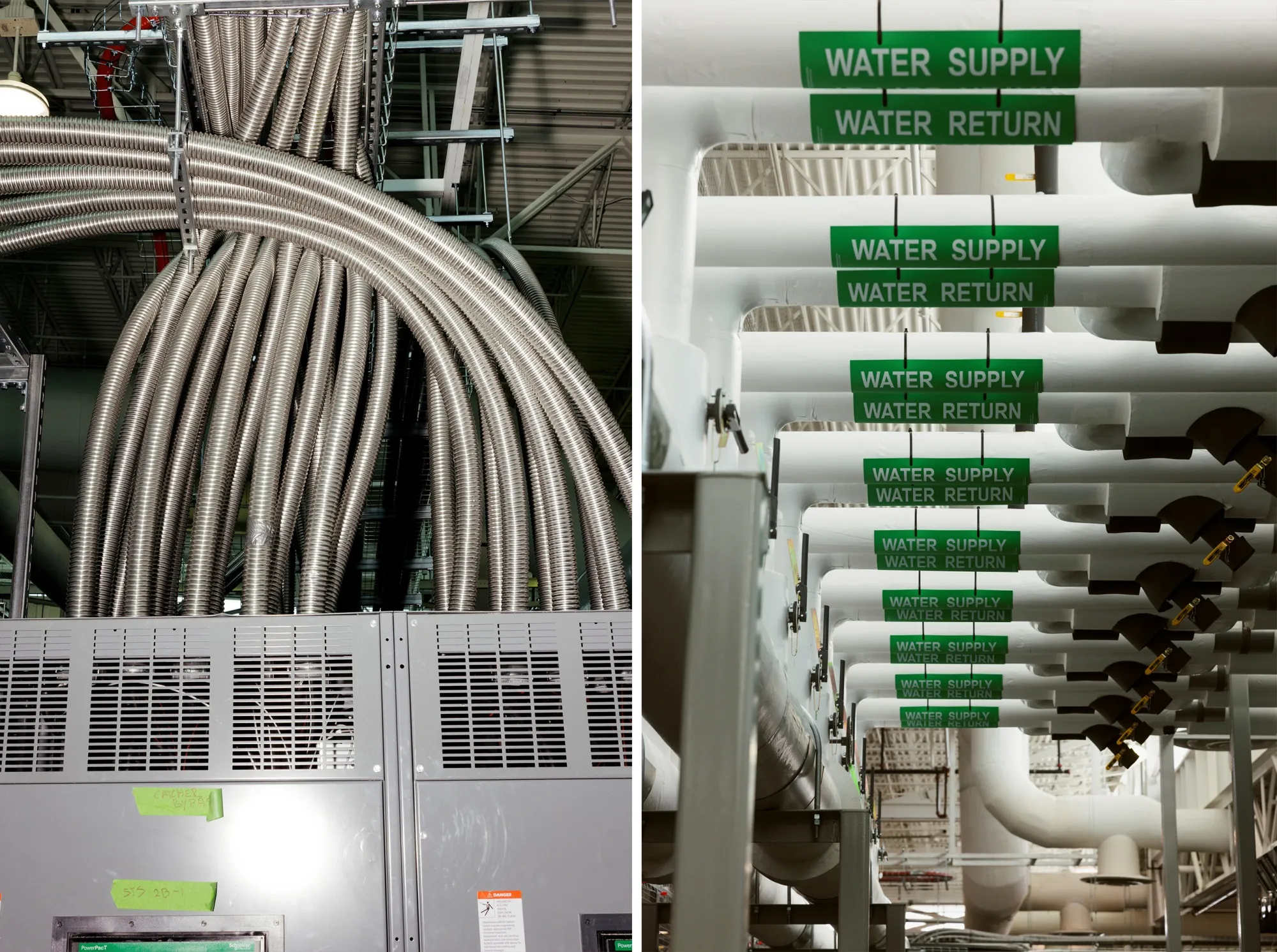 Electrical cables and water lines at the Patmos data center.