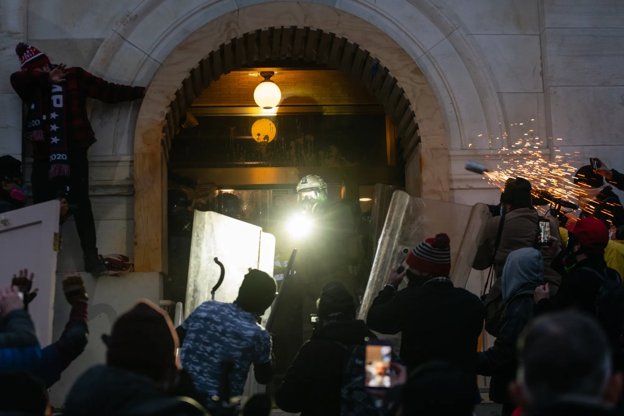 Demonstrators attempt to enter the U.S. Capitol building during a protest on Jan. 6.
