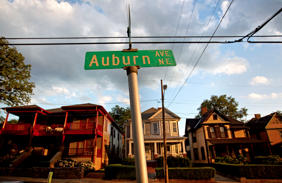 The residential portion of the Sweet Auburn Historic District in Atlanta, including the home where Rev. Martin Luther King Jr. was born at rear right.