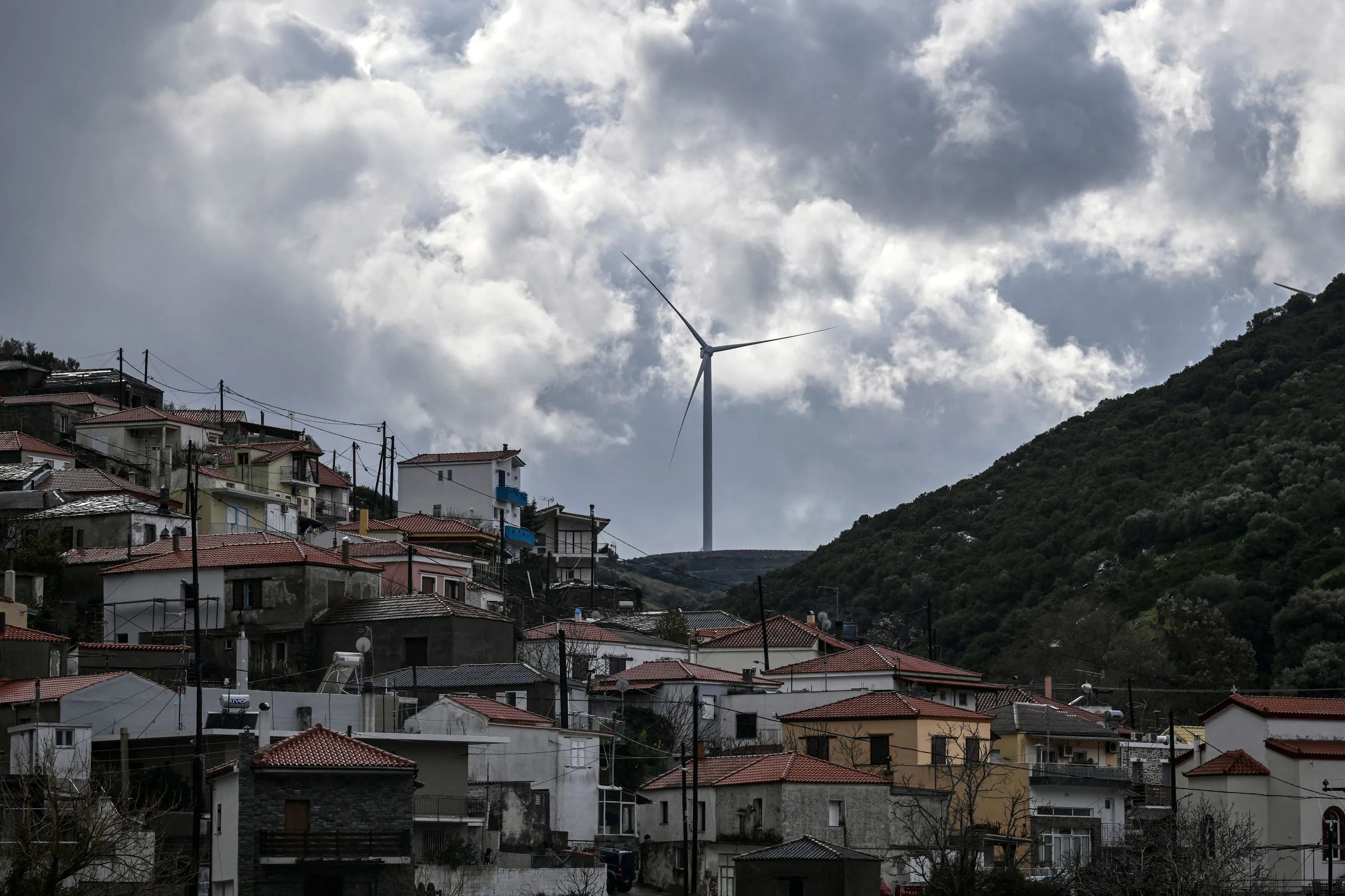 A&nbsp;wind turbine above the village of Petries, near Agii Apostoli, Greece.&nbsp;