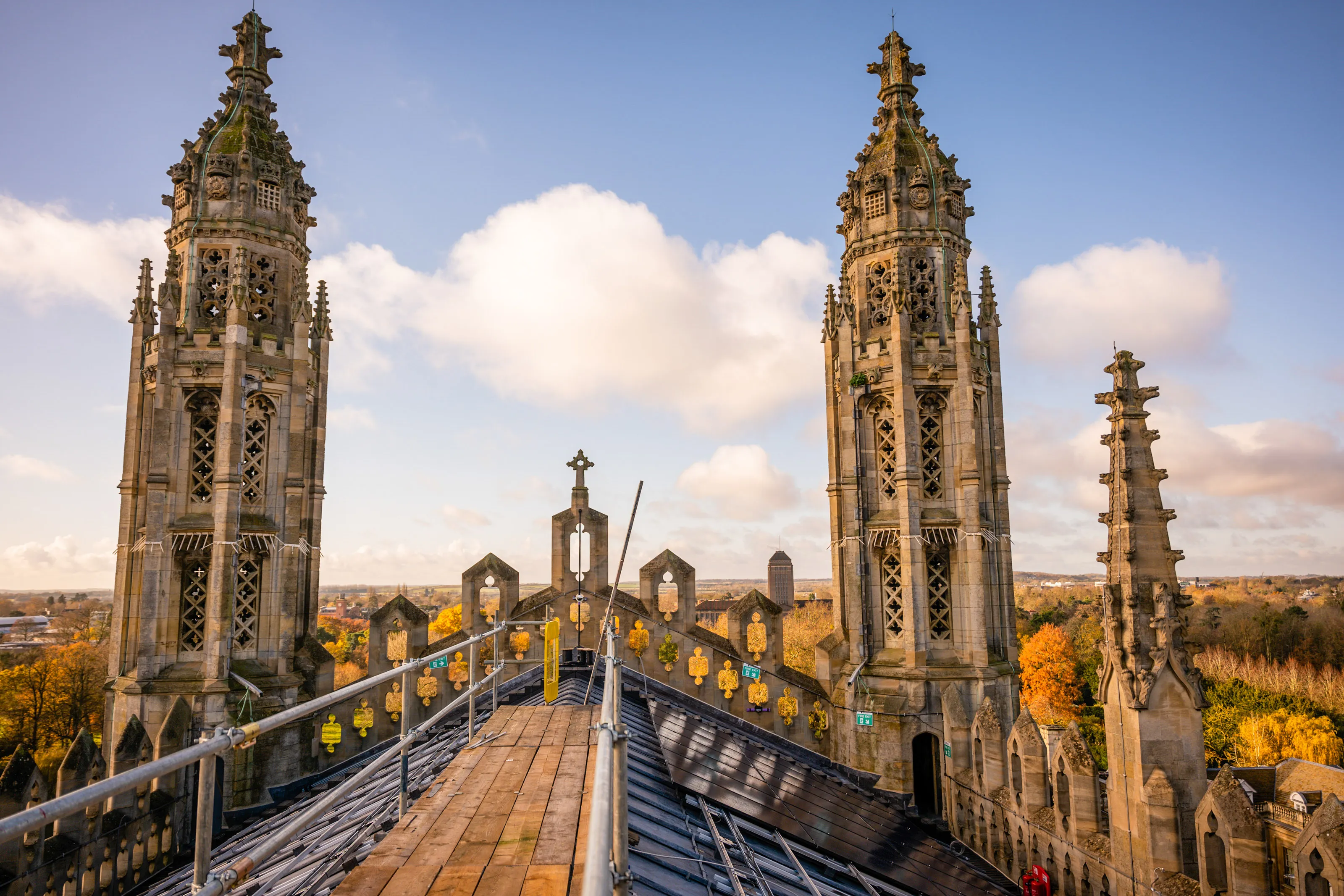 Solar panels during installation on the roof of King's College Chapel.