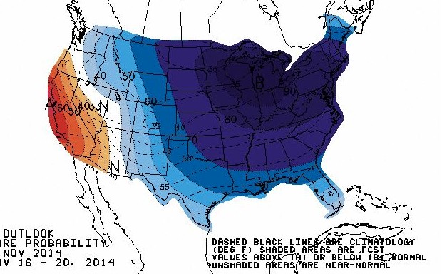 Darker-blue areas have a high probability of below-average temperatures in the next six to 10 days.
