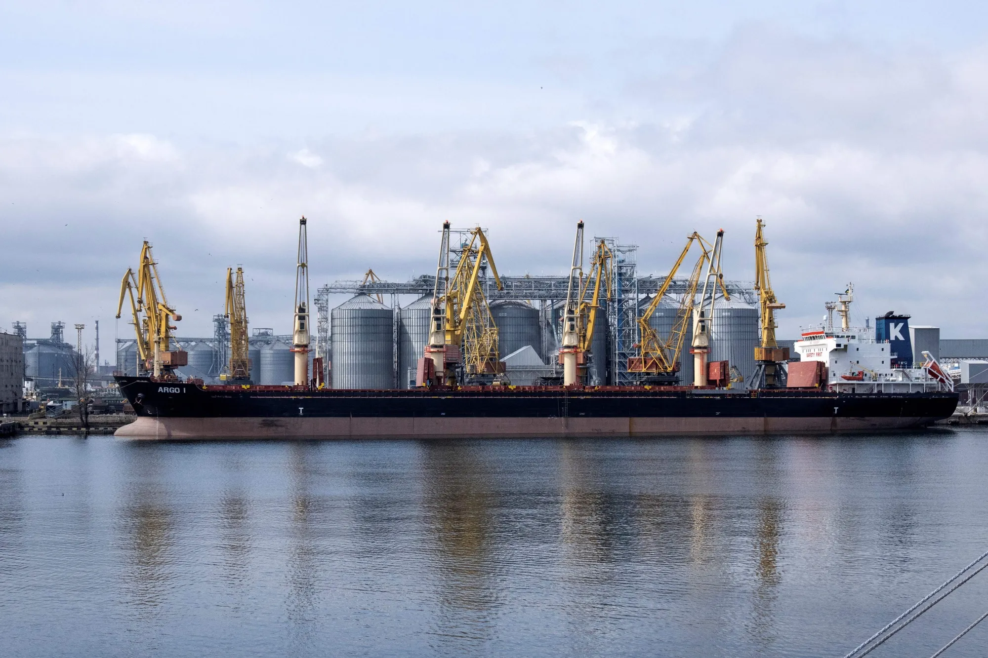 A bulk carrier at the grain terminal of the port of Odessa, Ukraine.
