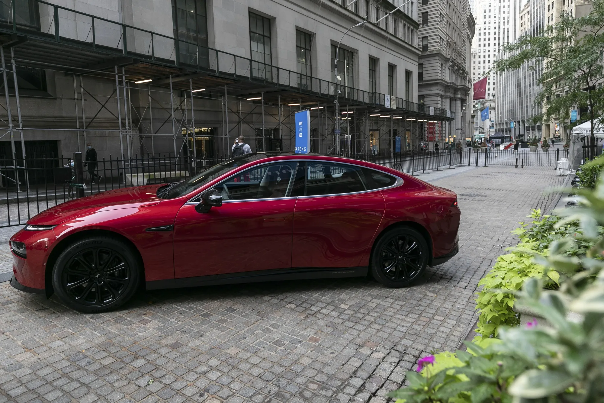 The Xpeng P7 electric vehicle&nbsp;outside the New York Stock Exchange in August, 2020.