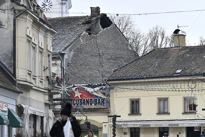 A view of a damaged roof caused by an earthquake in Sisak, Croatia.