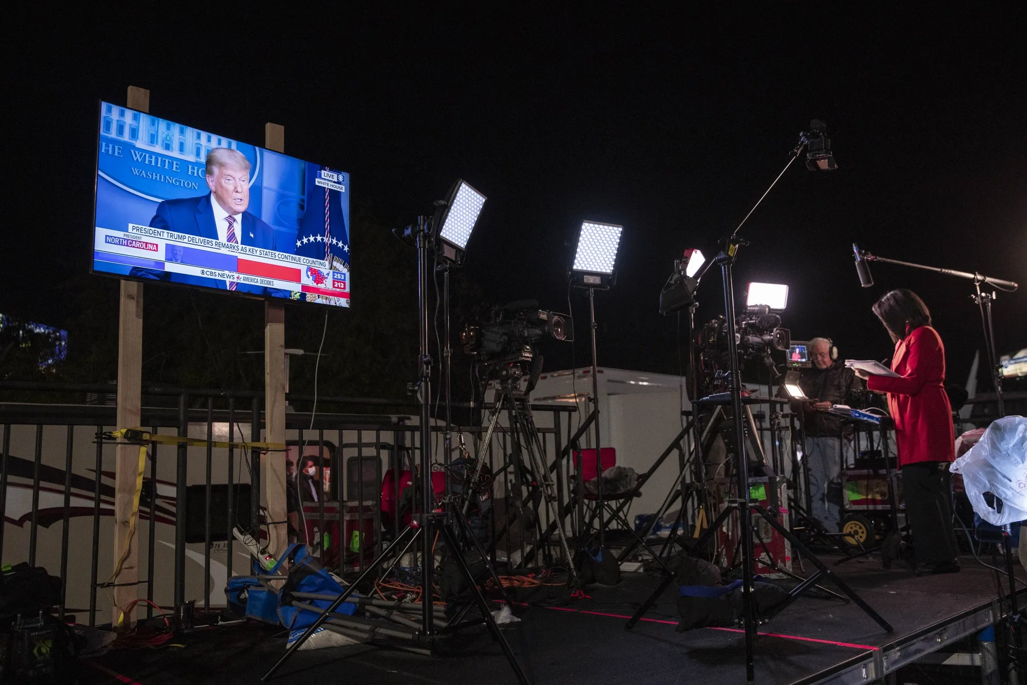 President Donald Trump displayed at the campaign headquarters event site for Joe Biden&nbsp;in Wilmington on November 5.