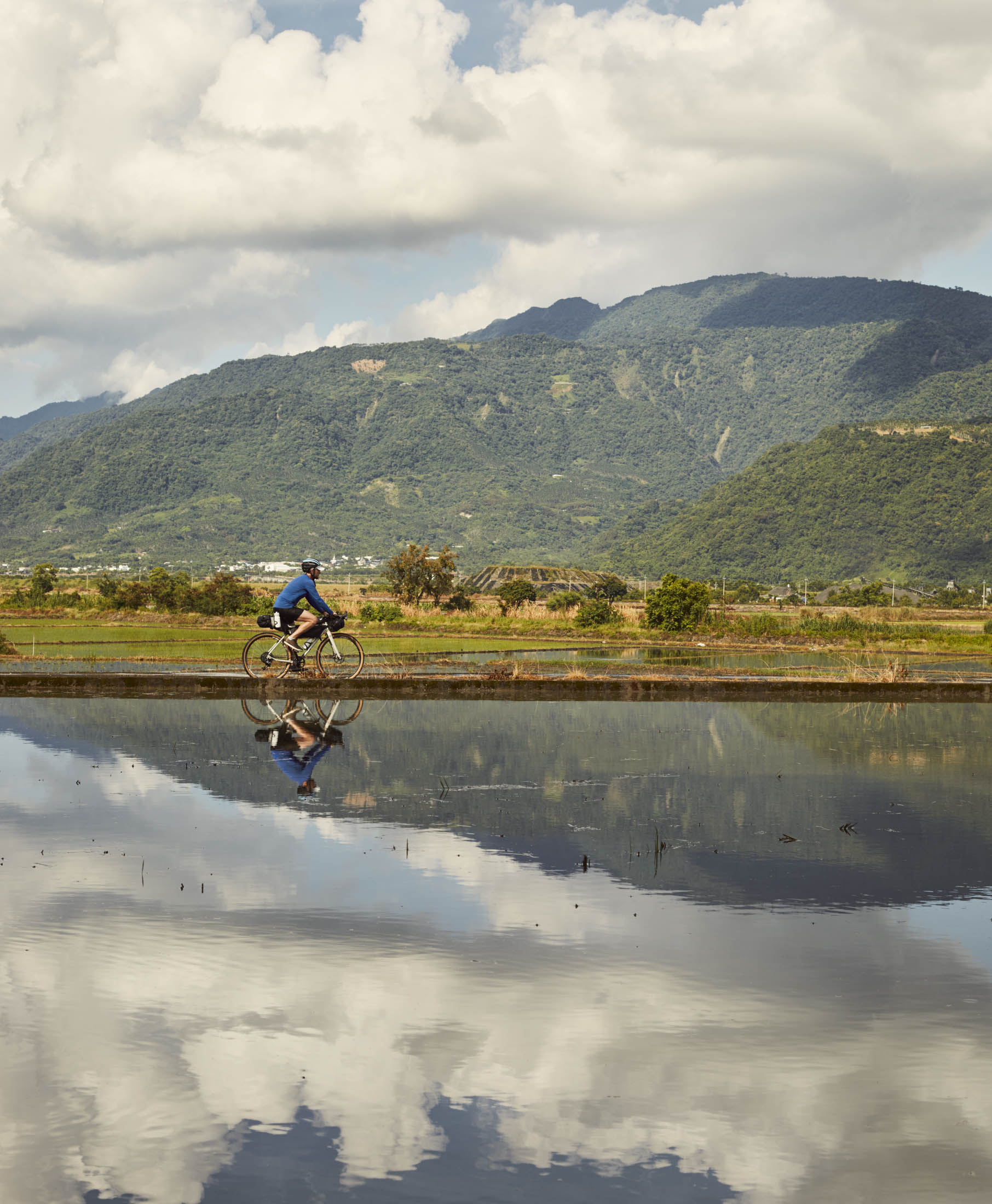 Cycling Route 1 through the flooded rice fields of Hualien.