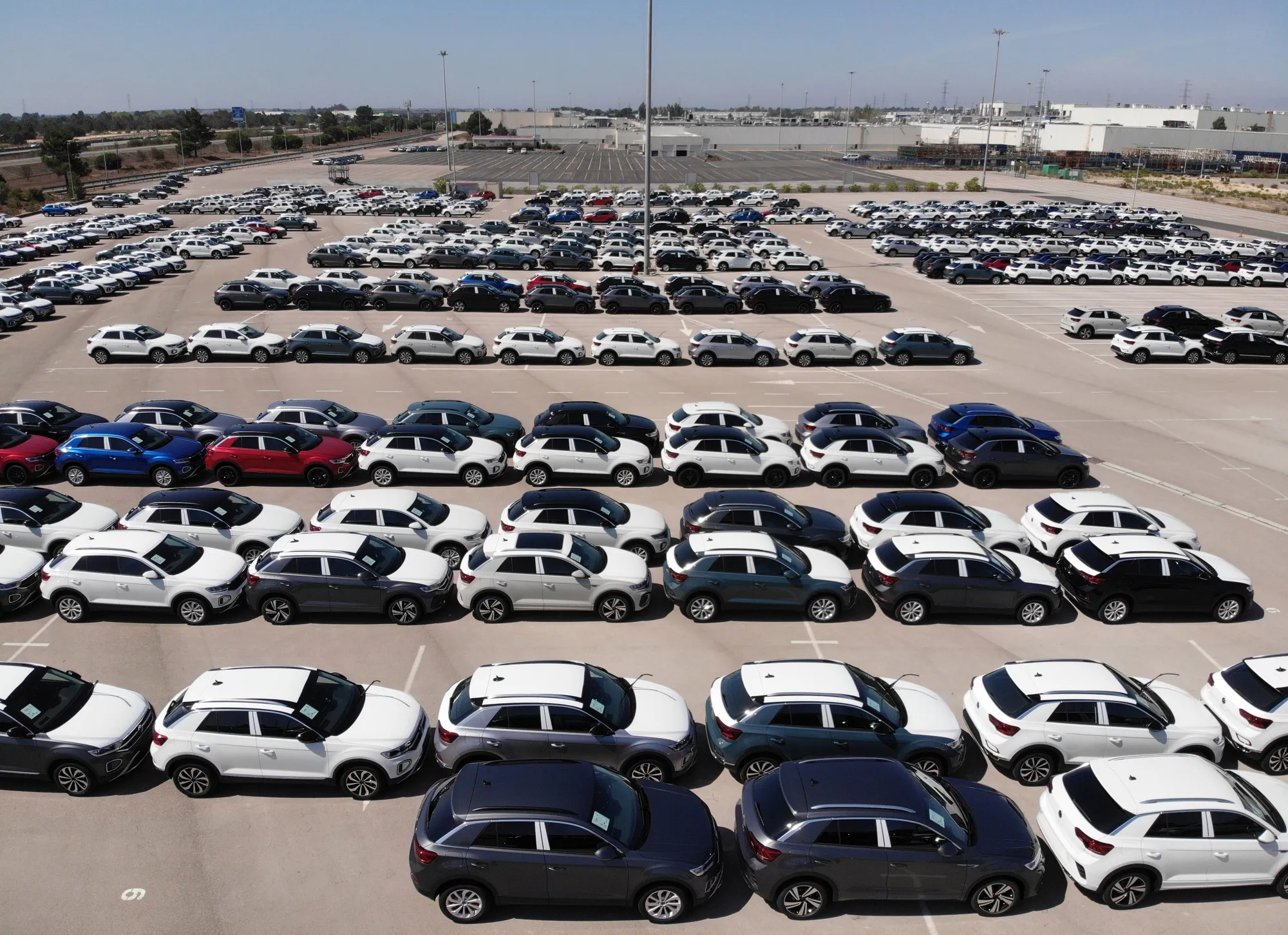 New VW automobiles at the Volkswagen Autoeuropa manufacturing plant south of Lisbon, Portugal.