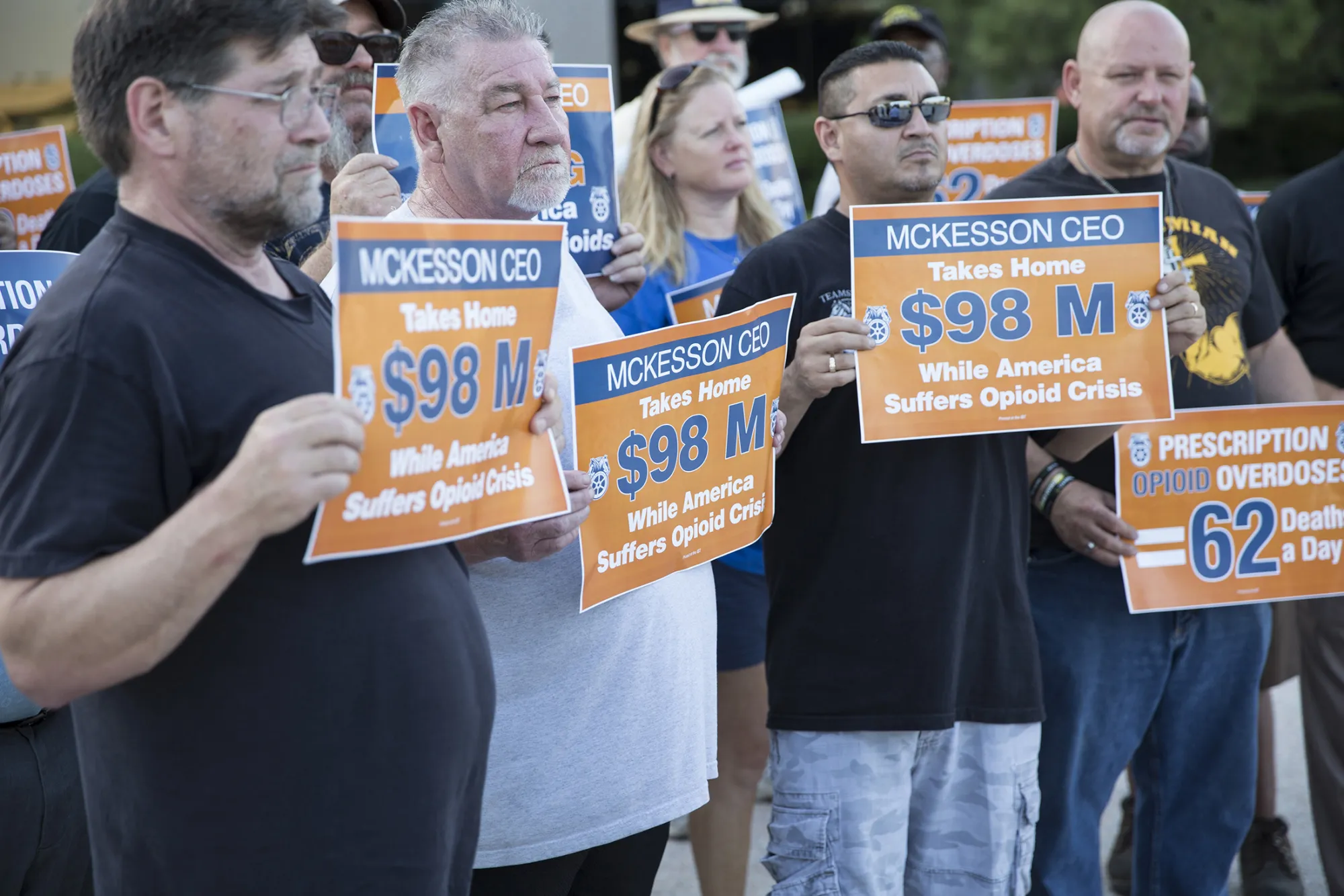 Teamsters protest the Mckesson annual meeting at the Irving-Las Colinas Chamber of Commerce in Irving, Texas, on July 26, 2017.
