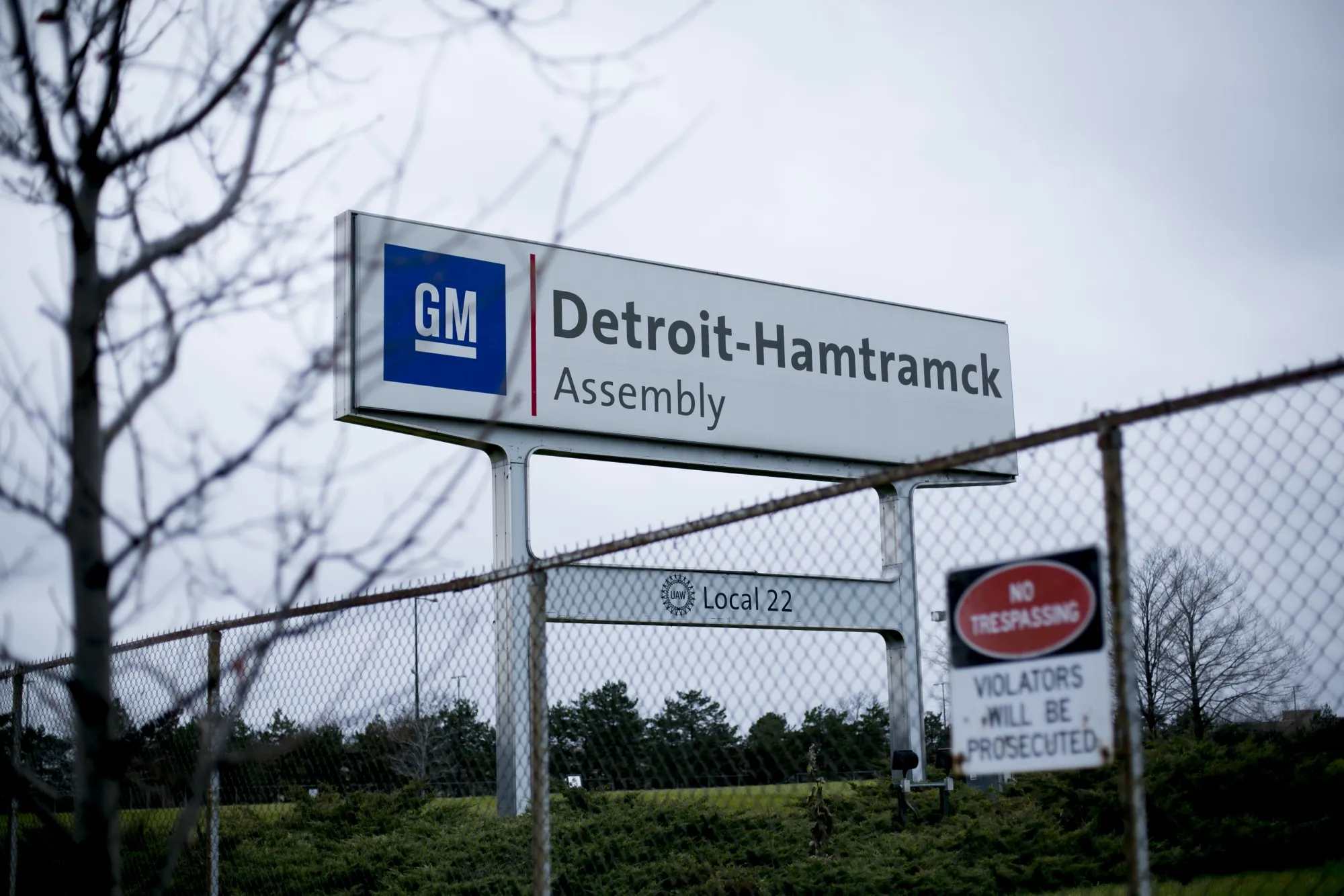 Signage stands on display at the General Motors Co. Detroit-Hamtramck assembly plant in Detroit.