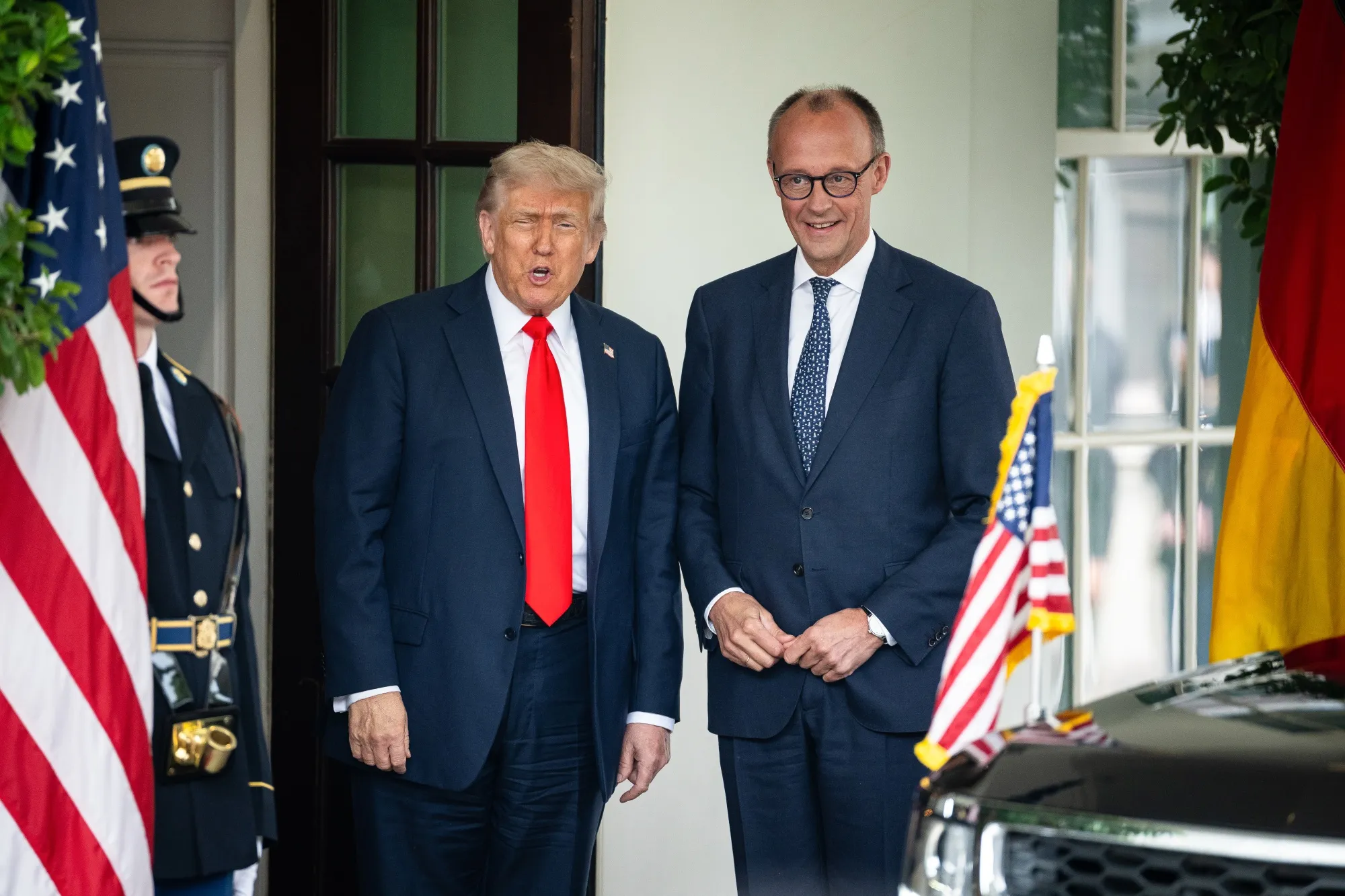 US President Donald Trump and Friedrich Merz, Germany's chancellor outside&nbsp;the White House in Washington, DC, on June .