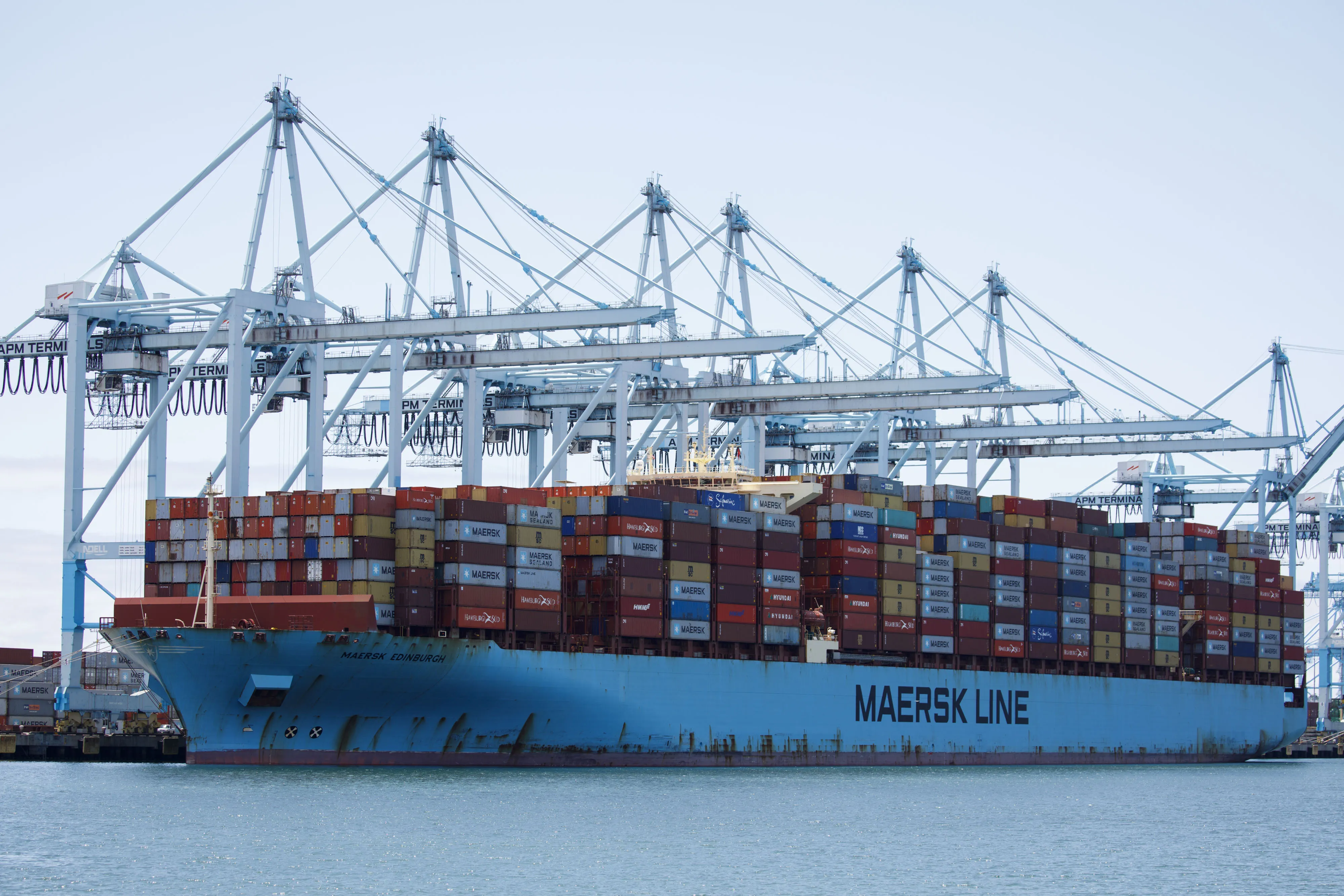 Shipping containers sit stacked on the Maersk Edinburgh cargo ship&nbsp;in the Port of Los Angeles in California.