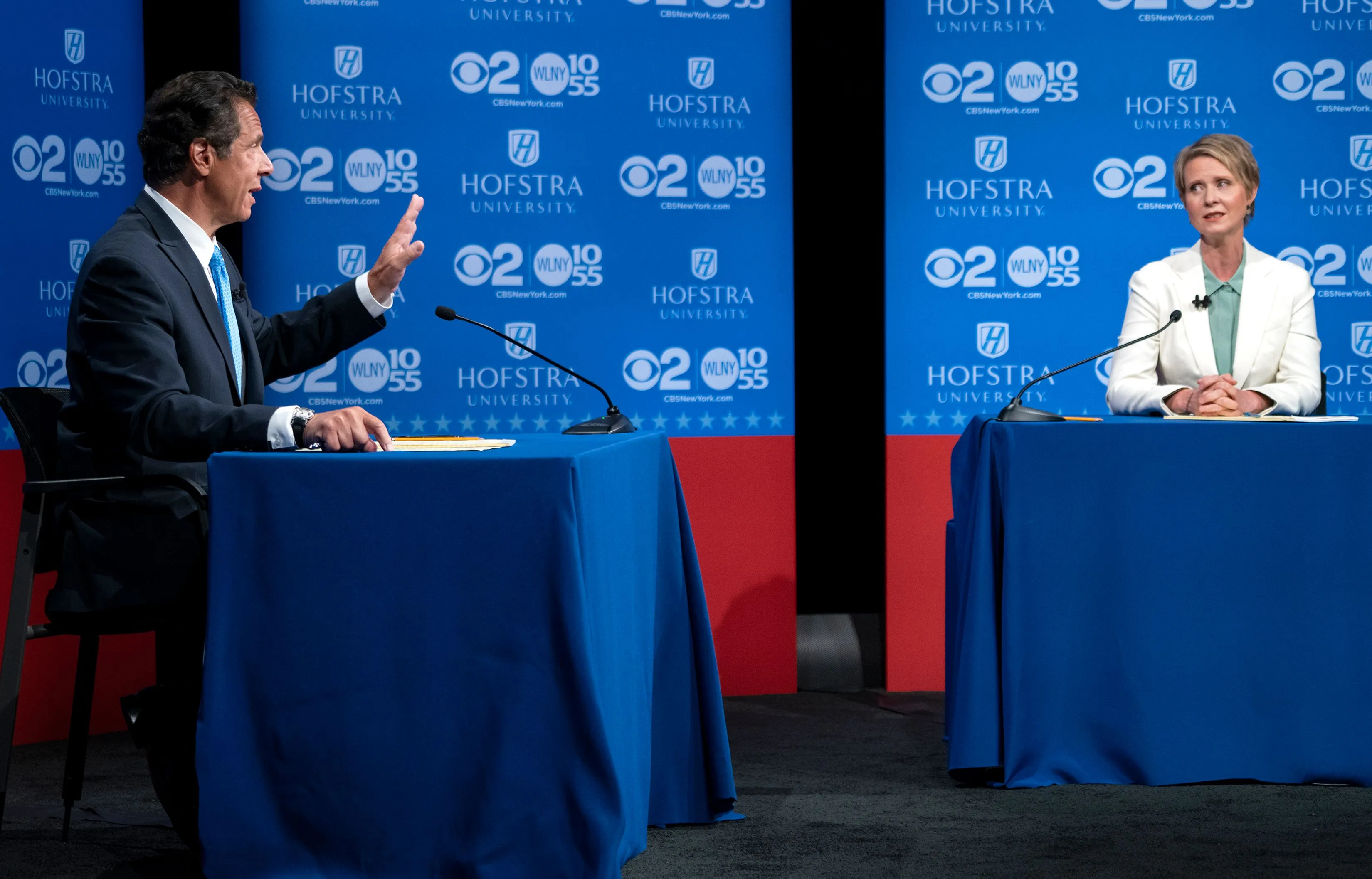 Andrew Cuomo and Cynthia Nixon during a gubernatorial debate at Hofstra University on Aug. 29.