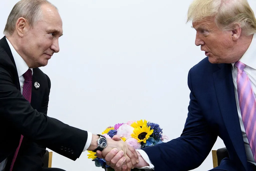 Russia's President Vladimir Putin and US President Donald Trump&nbsp;in 2019 during the G-20 summit in Osaka.