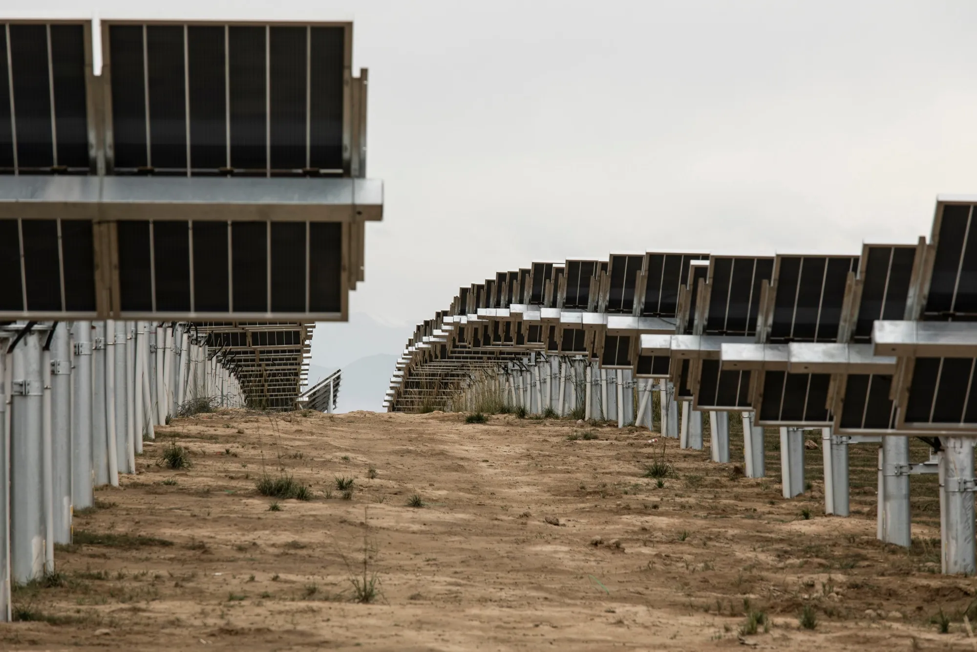 Photovoltaic panels at a solar farm operated by Yellow River Power in Gonghe County, Qinghai province, China.