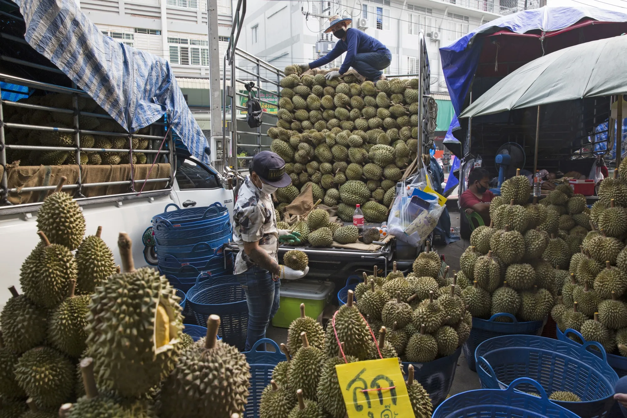 Durians at a wholesale market in Rangsit, Pathum Thani, Thailand.