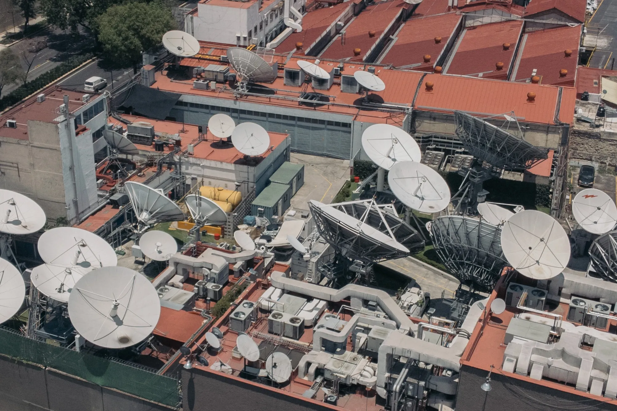 Television broadcast satellite dishes at the Televisa headquarters in Mexico City, Mexico.