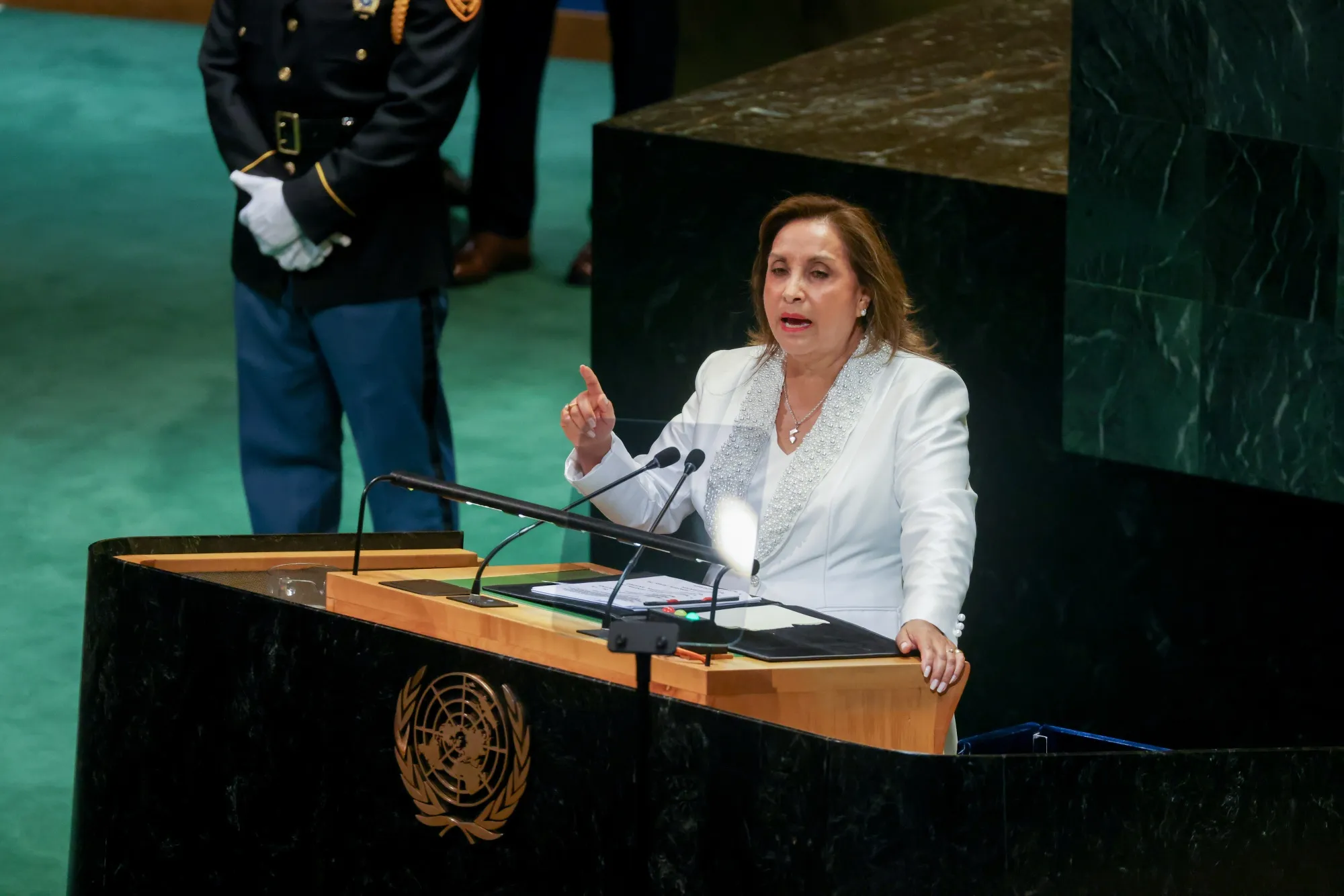 Dina Boluarte, Peru's president, during the United Nations General Assembly (UNGA) in New York, US, on Tuesday, Sept. 23, 2025.&nbsp;