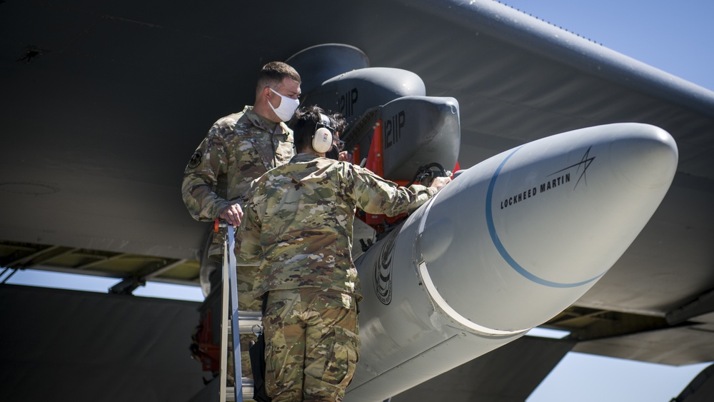 An AGM-183A Air-launched Rapid Response Weapon (ARRW) under the wing of a B-52H before a test flight at Edwards Air Force Base, California, on Aug. 6, 2020.