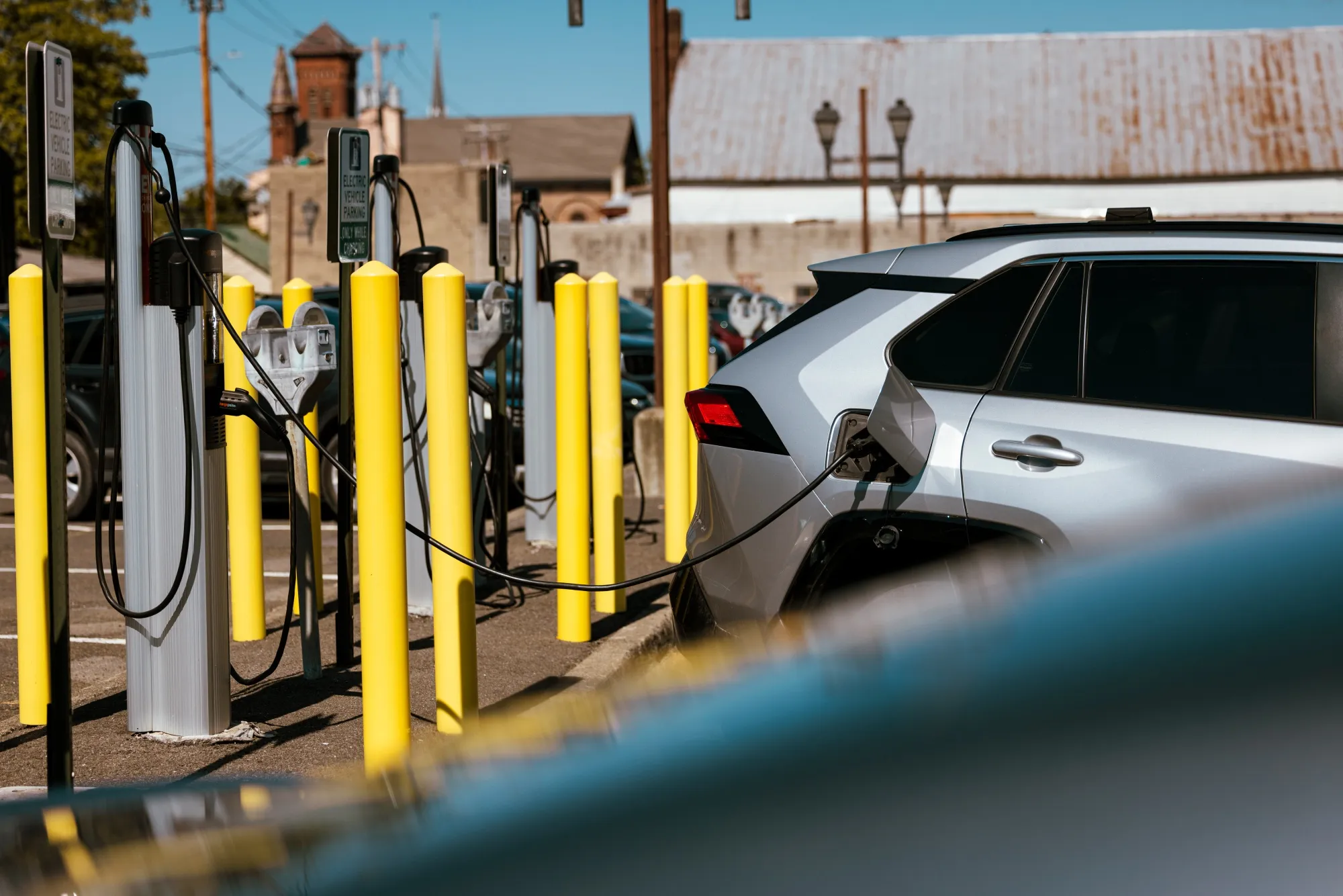 A Toyota Rav-4 Prime charges at a electric vehicle charging station in Hudson, New York.