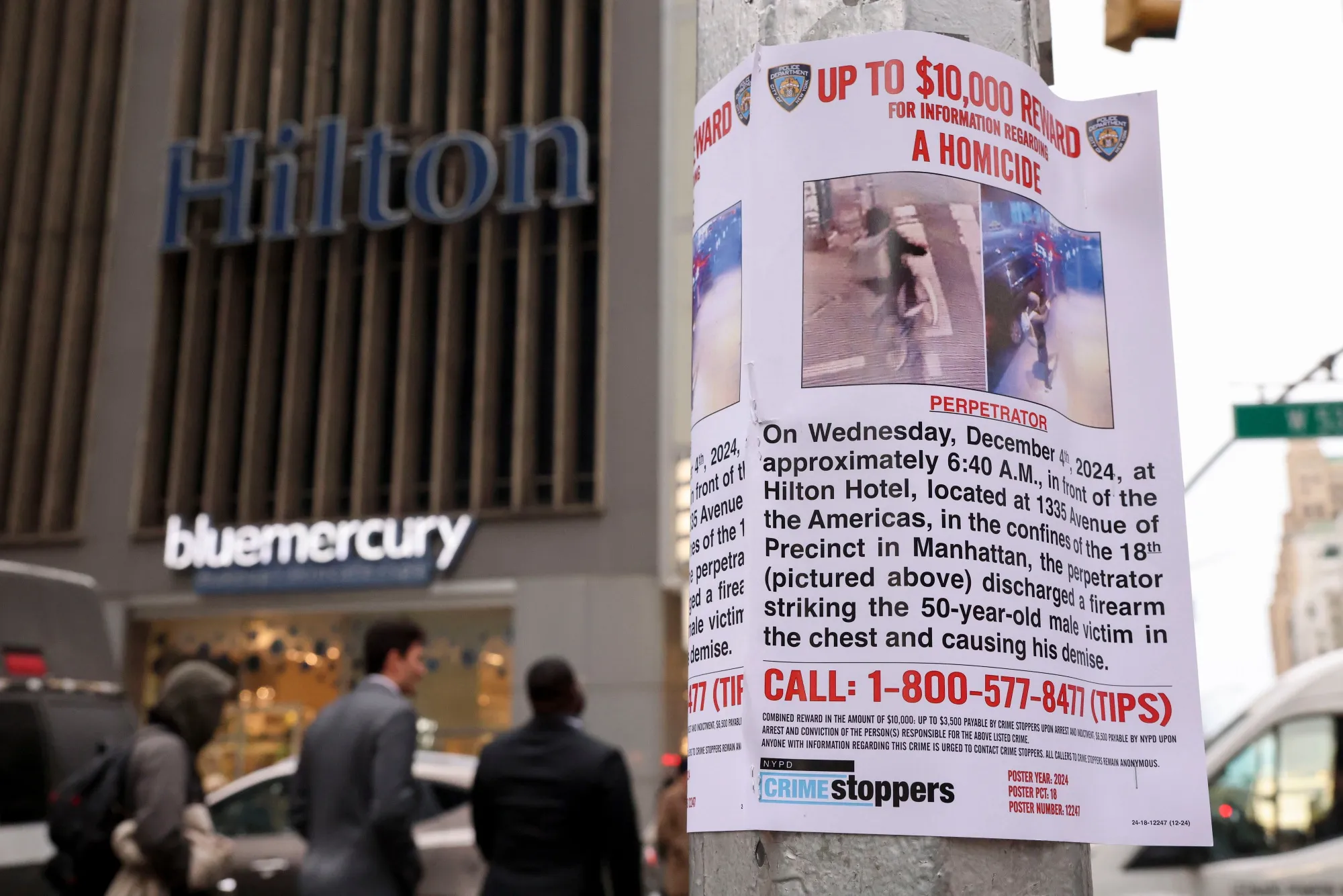 A New York Police Department&nbsp;flier outside the New York Hilton Midtown in New York.