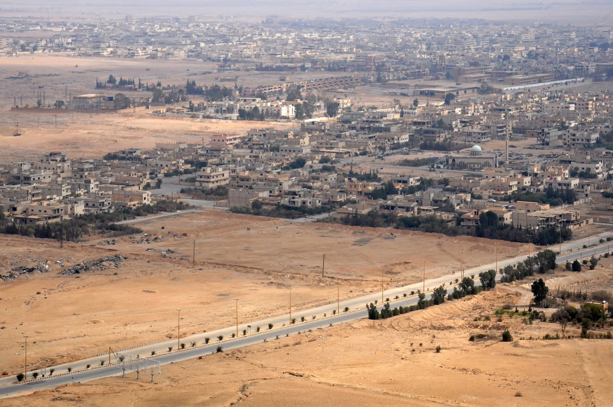 The Admiral Essen frigate and the Krasnodar submarine hit sites around Palmyra, pictured in March.
