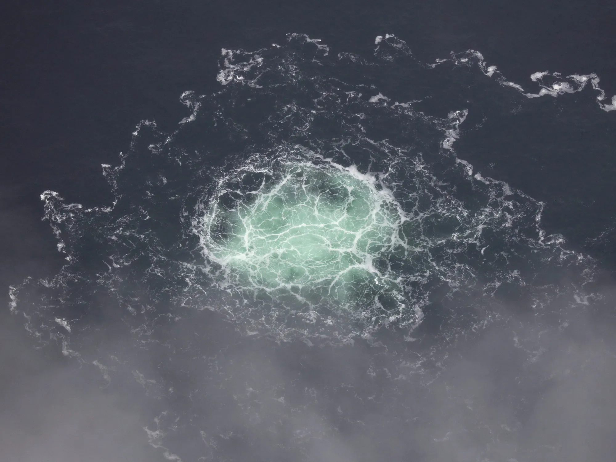 Gas leaks from a damaged Nord Stream pipeline in the Baltic Sea.