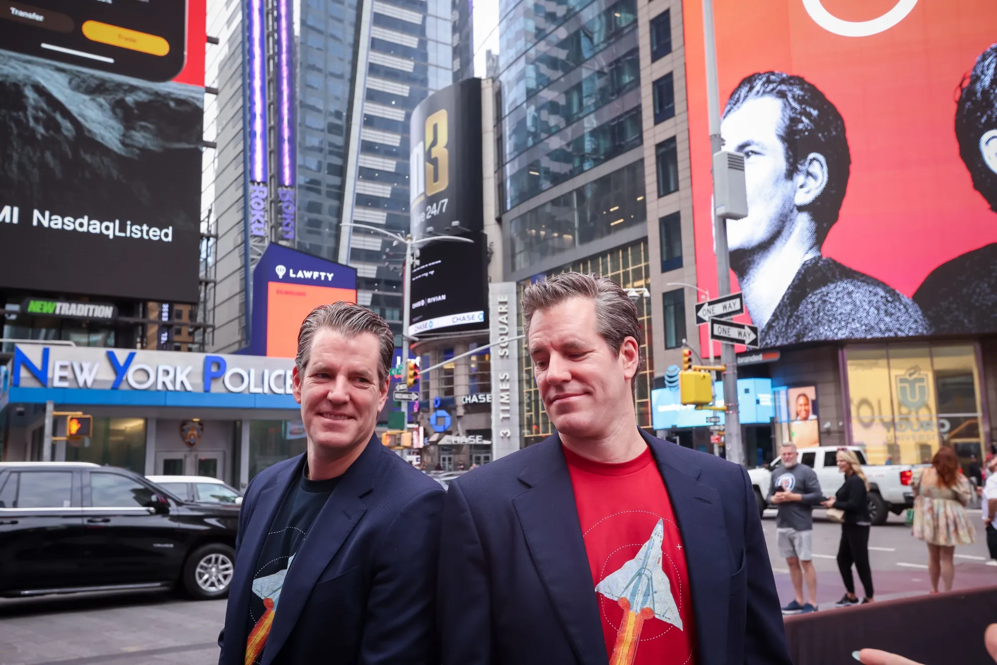 Tyler and Cameron Winklevoss during Gemini’s September IPO at the Nasdaq MarketSite in New York.