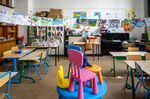 An empty classroom at the Henriette Dachsbeck primary school in central Brussels