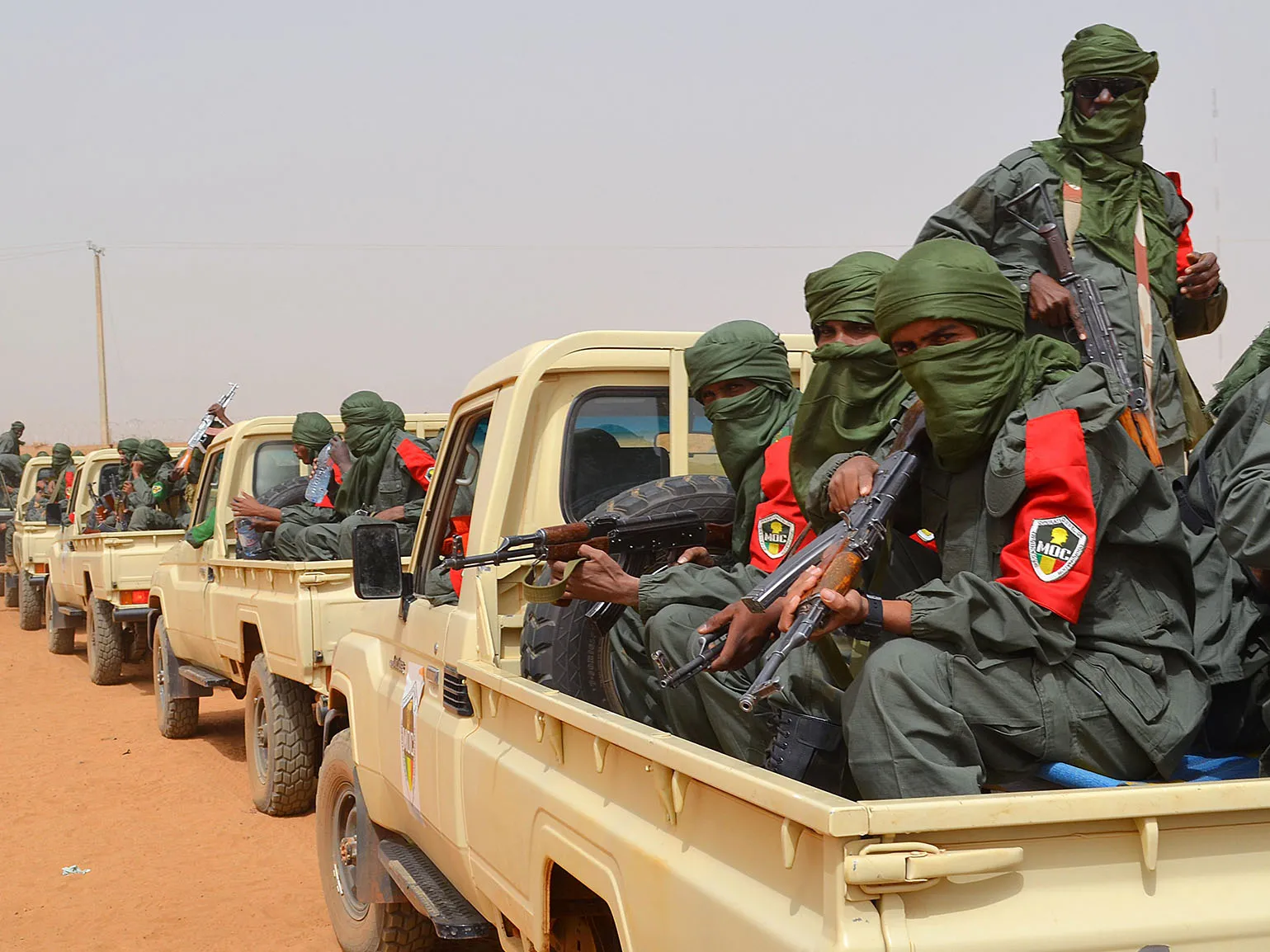 Malian army soldiers, pro-government militia members, and former rebels, predominantly Tuaregs, take part in a&nbsp;joint patrol in Gao, Mali on Feb. 23, 2017.&nbsp;