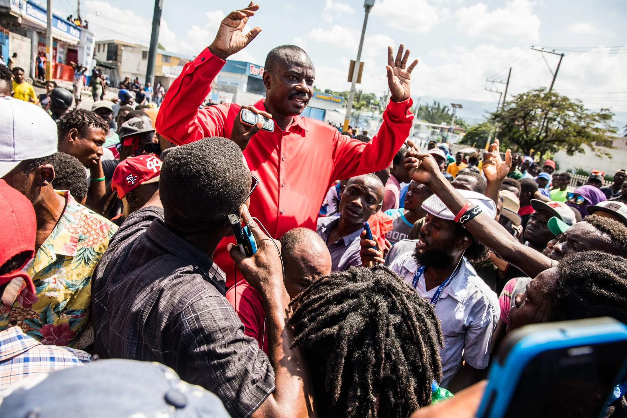 Jean-Charles Moïse&nbsp;speaks during the protest&nbsp;in Port-au-Prince in 2019.