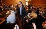 Los Angeles Mayor Eric Garcetti, one of several city leaders rumored to vie for the presidency in 2020, presses the flesh at the Iowa Statehouse in April.