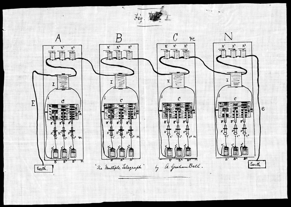 A patent application for &quot;the multiple telegraph&quot; by Scottish-born Alexander Graham Bell. 