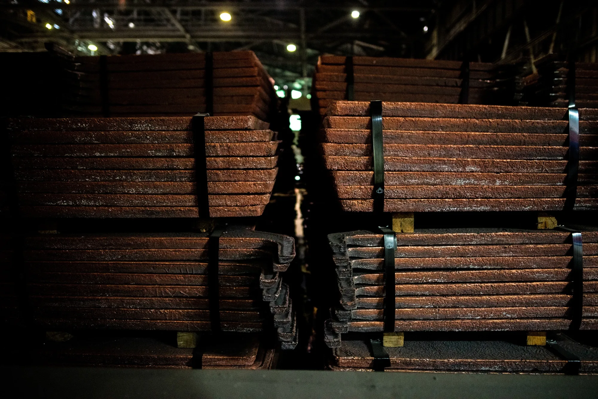 Copper anodes ready for shipment at a processing facility in Machali, Chile.