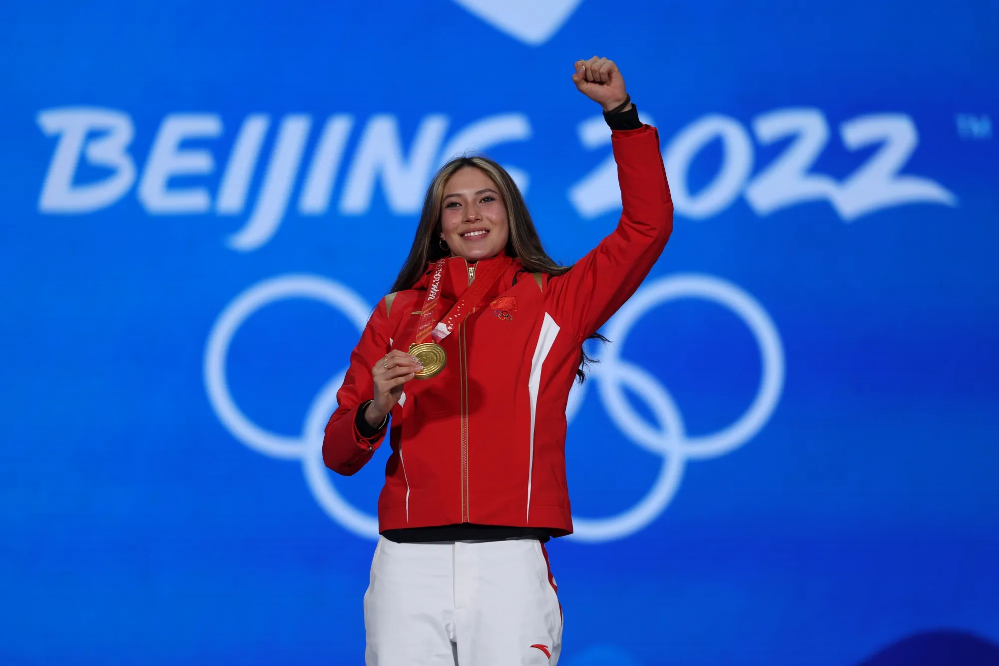 Eileen Gu of Team China celebrates winning gold in the Women’s Freestyle Skiing Freeski Big Air on Feb. 8.