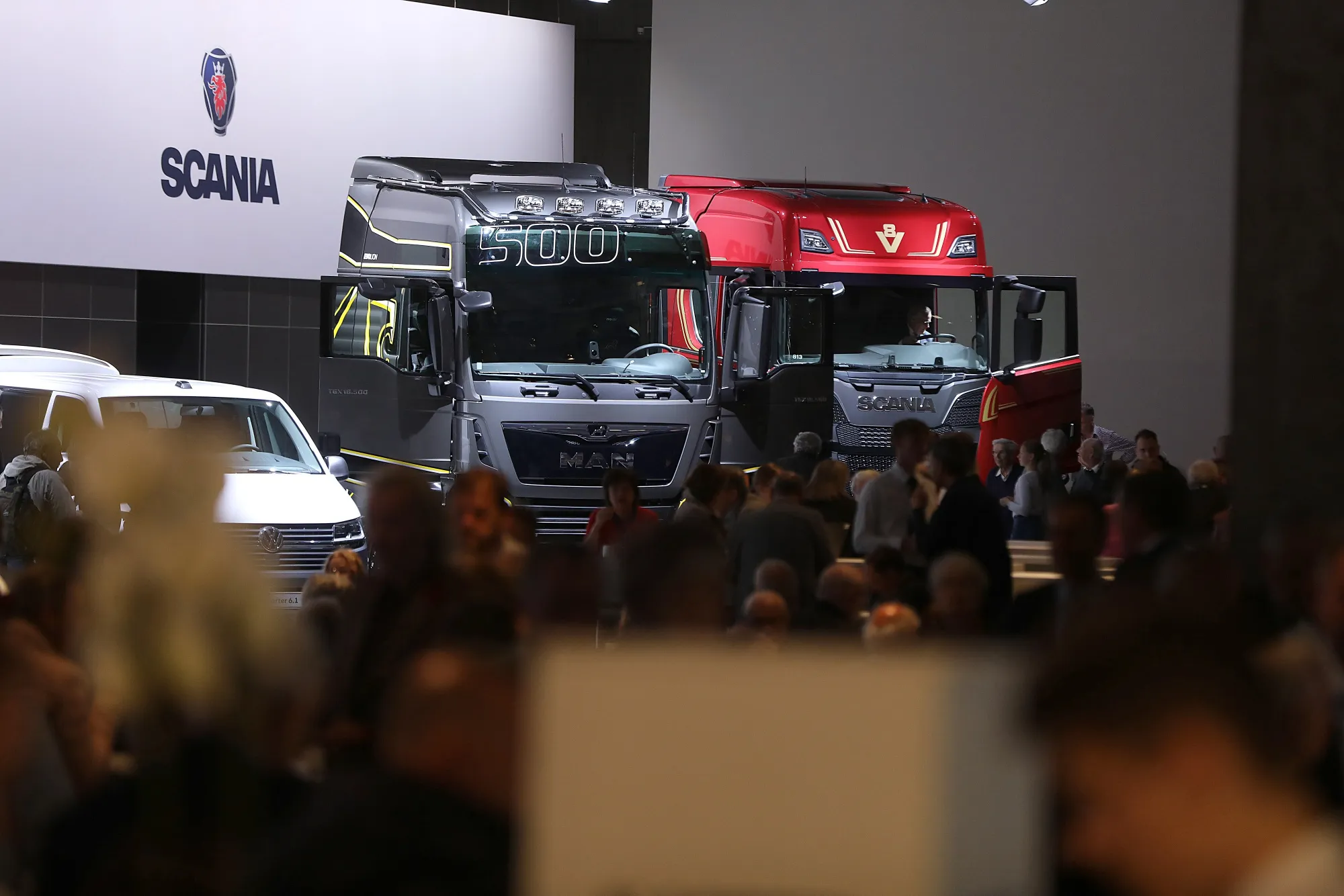 Freight trucks manufactured by MAN SE and Scania AB stand on display at the VW&nbsp;annual general meeting in Berlin on May 14, 2019.&nbsp;
