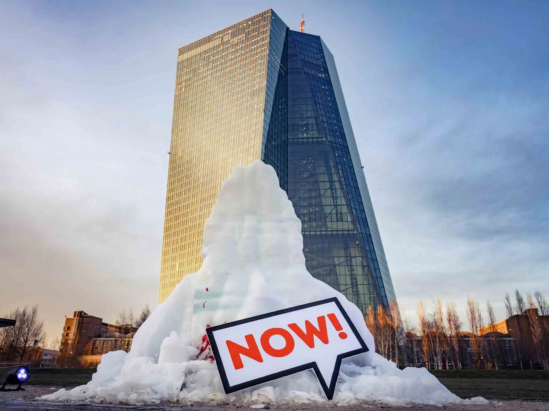 Climate activists stage a protest outside the ECB headquarters in Frankfurt, on Feb. 16.