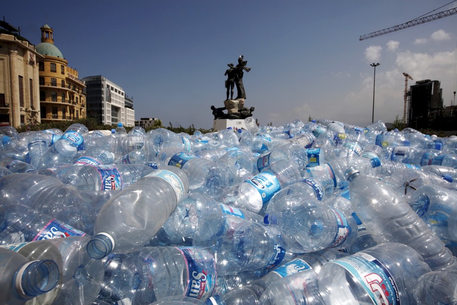 Plastic bottles are gathered for recycling in Martyrs' Square in downtown Beirut. 