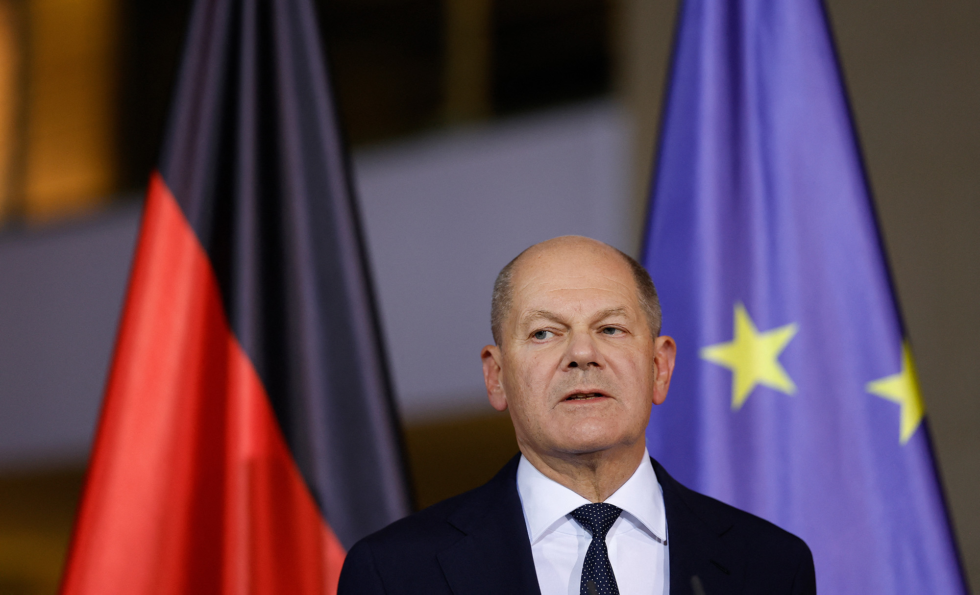 Olaf Scholz addresses a press conference at the Chancellery in Berlin, on Nov. 6.