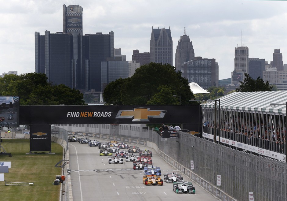 Belle Isle hosts the IndyCar Detroit Grand Prix every summer, with the Detroit skyline as a backdrop.