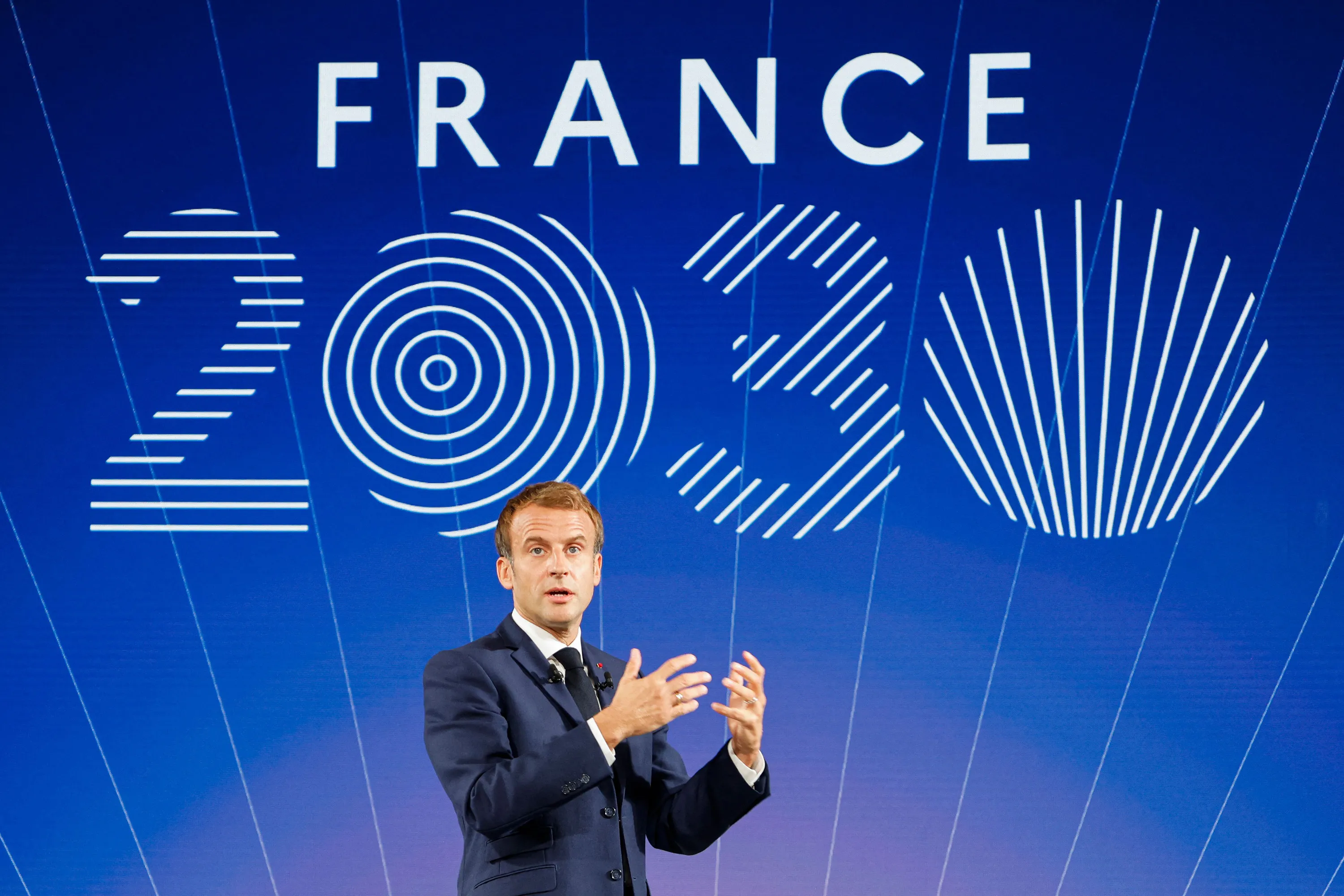 Emmanuel Macron during the presentation of "France 2030" investment plan at the Elysee Palace in Paris, on Oct. 12.