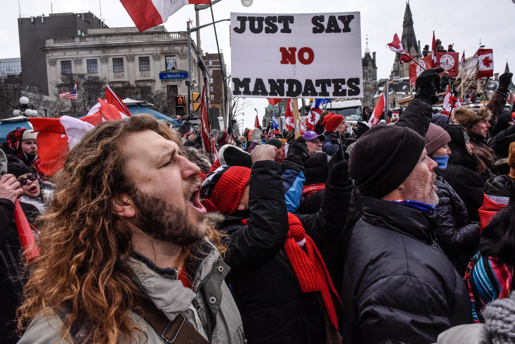 Protesters during a demonstration near Parliament Hill in Ottawa, Ontario, Canada, on Feb. 12.