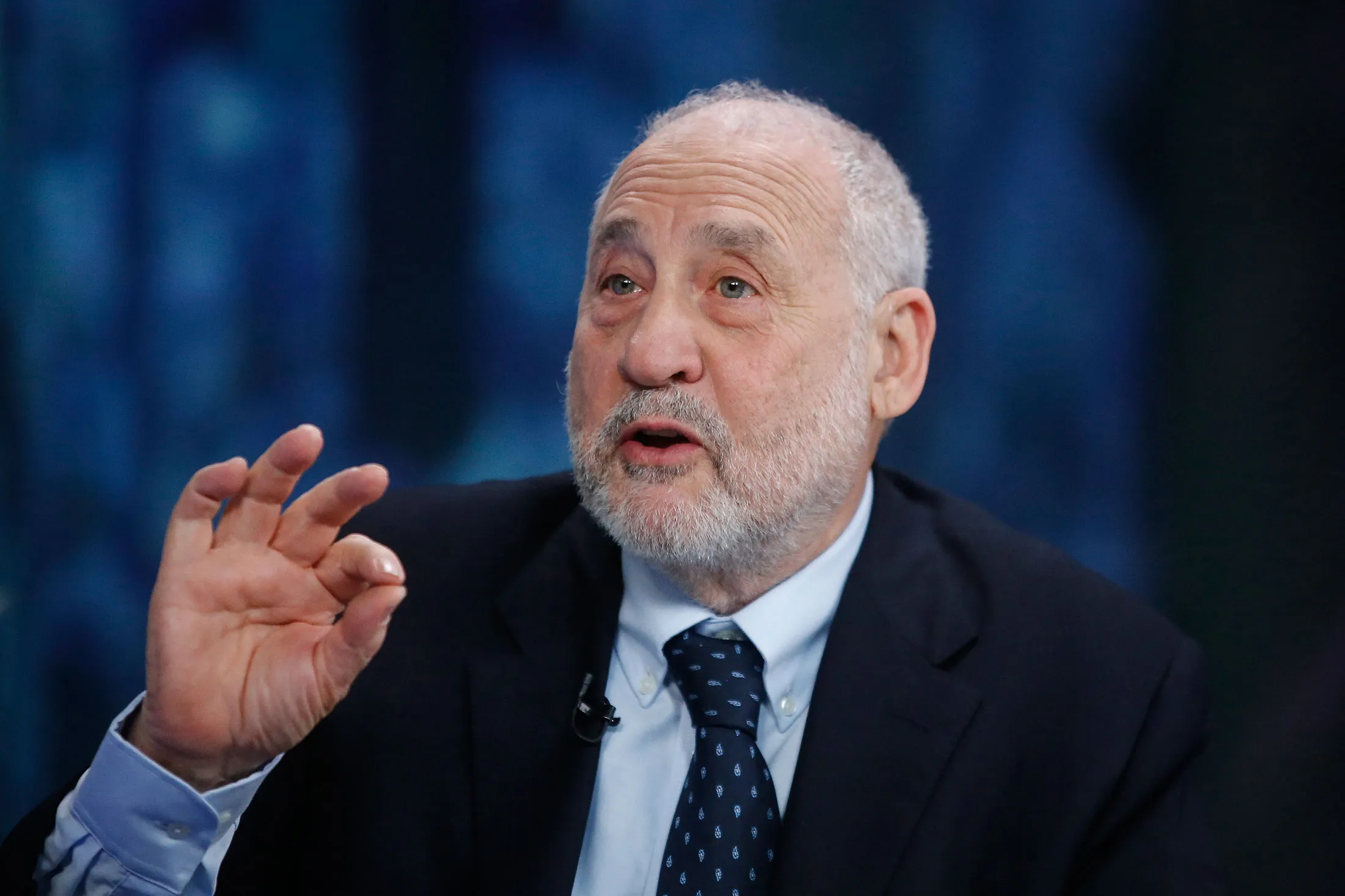 Joseph Stiglitz gestures as he speaks during a Bloomberg Television interview in London.
